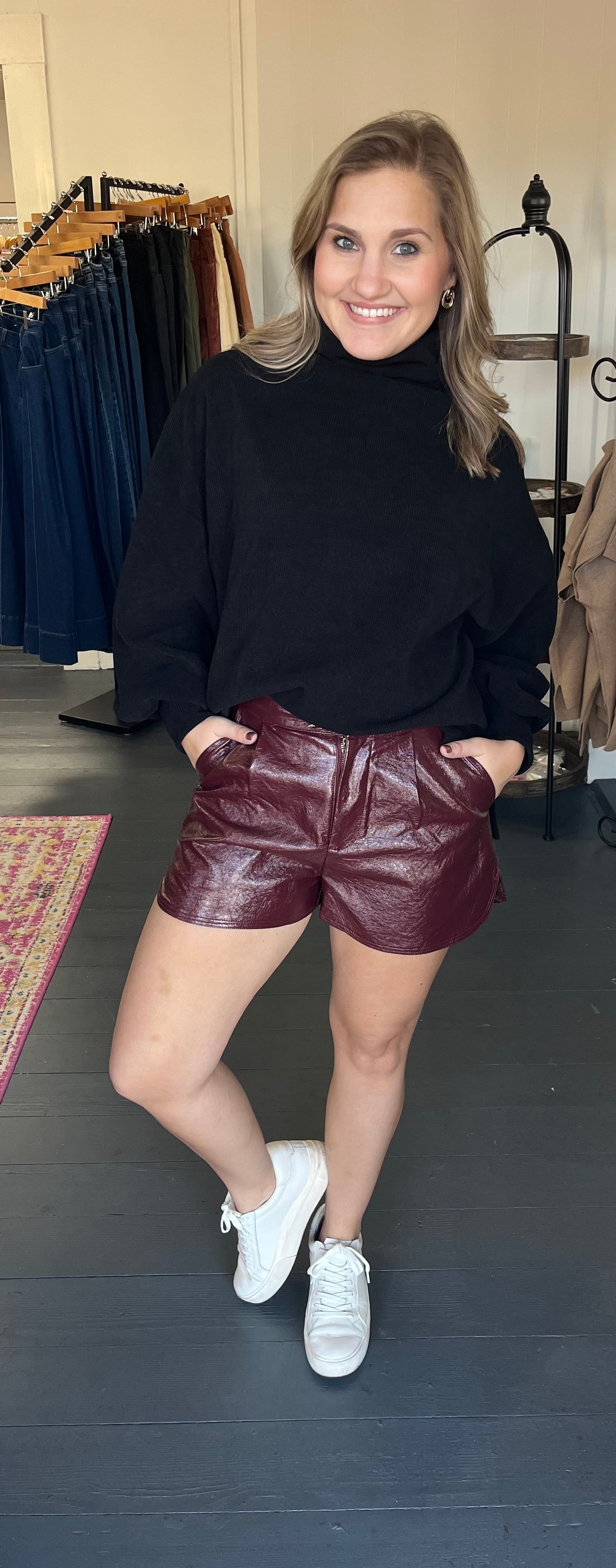 The Lainey Faux Leather Shorts in Dark Crimson